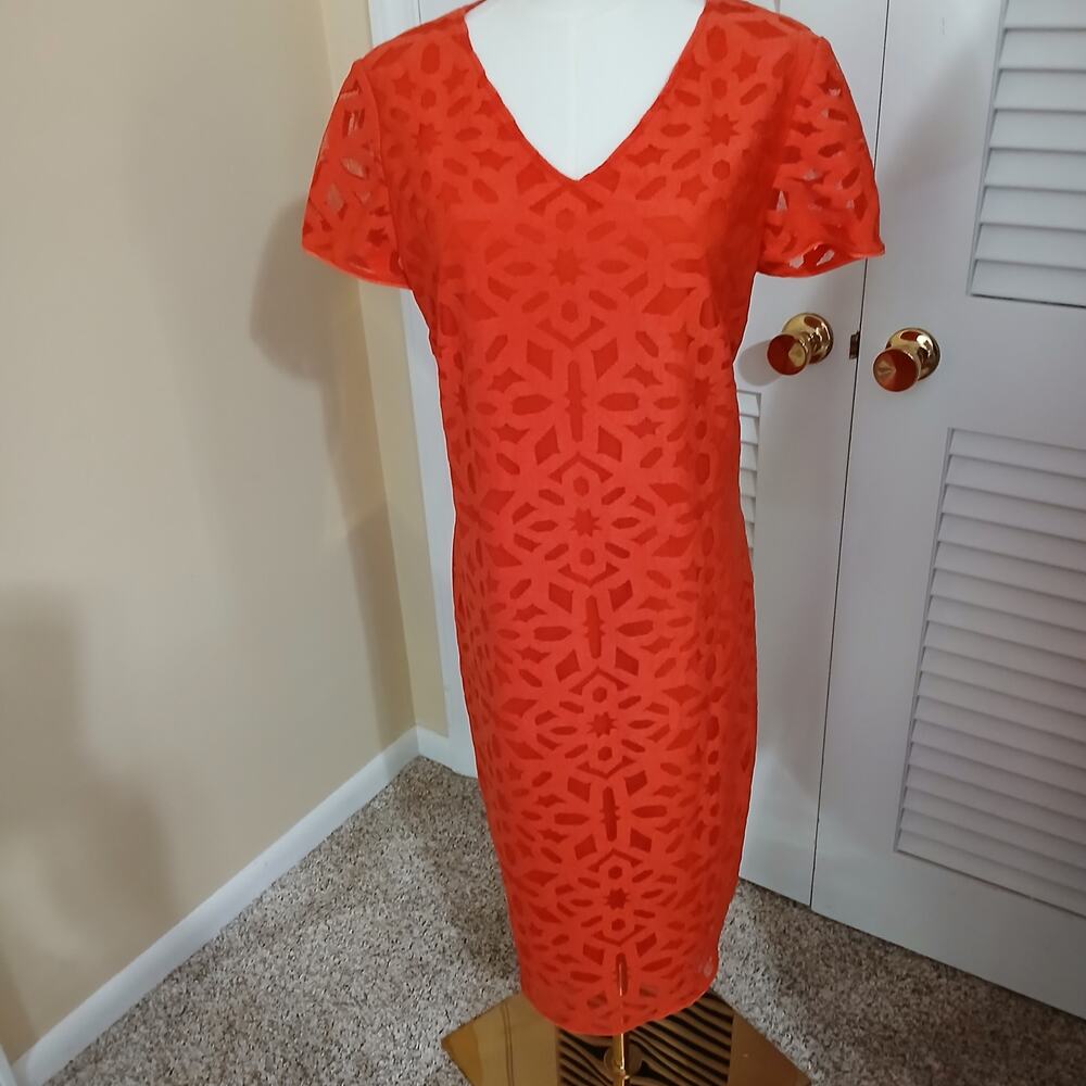 Betty Barclay Dresses 12 short-sleeve v-neck geometric-lace lined pumpkin dress - Picture 3 of 12